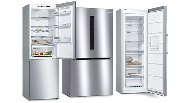 Lineup of a fridge freezer, French door fridge and a freezer.