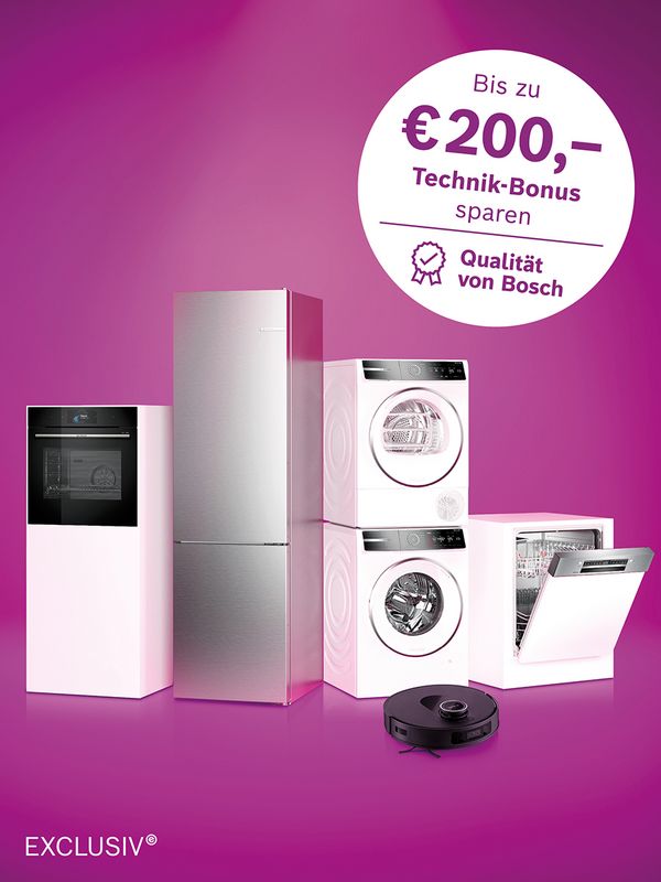 Eine moderne Küchengeräteausstattung mit Kühlschrank, Backofen, Waschmaschine, Geschirrspüler und Staubsaugerroboter, mit einem Sonderangebot.