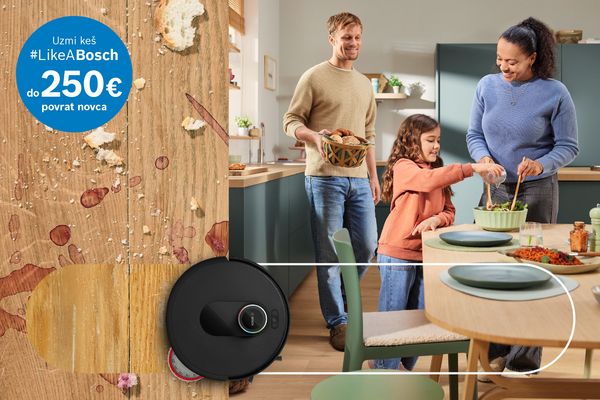 Obitelj priprema objed, ispod slike prikaz prljavog poda i robotskog usisavača.