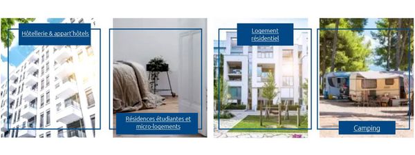 Visuel illustrant les diff&eacute;rentes solutions : h&ocirc;tellerie, camping, r&eacute;sidences services...