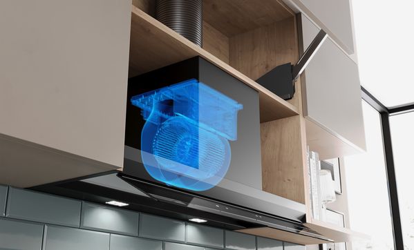 Рентгенов изглед на аспиратор за пълно вграждане с мотор Eco Silence Drive™.