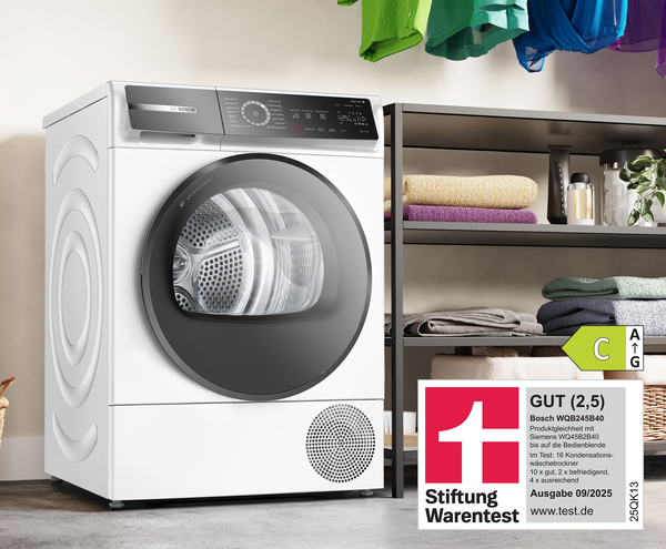 Bosch Wäschetrockner WQB245B40 mit Energieeffizienzklasse C und Stiftung Warentest Auszeichnung.