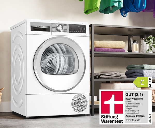 Bosch Wäschetrockner WQG235D90 mit Energieeffizienzklasse C und Stiftung Warentest Auszeichnung.
