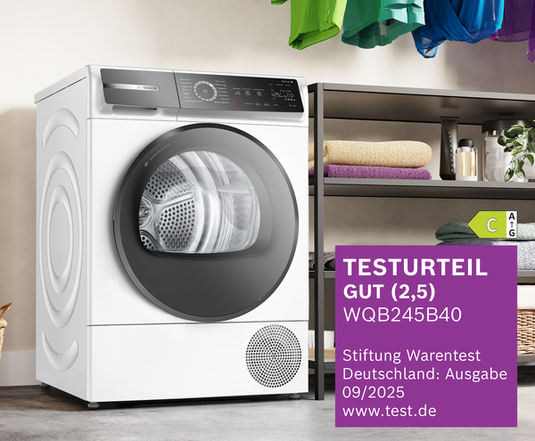 Bosch Wäschetrockner WQB245B40 mit Energieeffizienzklasse C und Stiftung Warentest Auszeichnung.