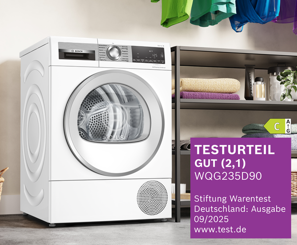 Bosch Wäschetrockner WQG235D90 mit Energieeffizienzklasse C und Stiftung Warentest Auszeichnung.