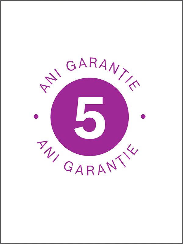 Imaginea prezintă o siglă circulară violet şi textul „5 ani garanţie”; numărul „5” este ieşit în relief.