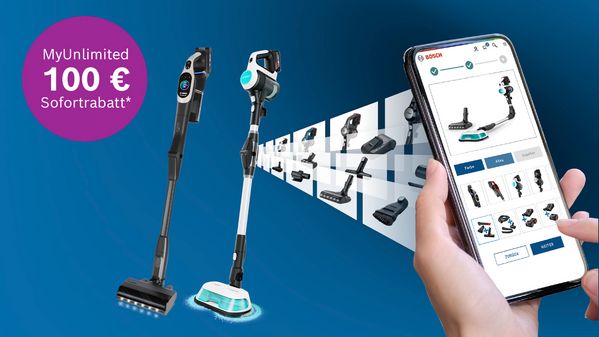 Ein Smartphone zeigt Bosch-Staubsaugeraufs&auml;tze, w&auml;hrend zwei Staubsauger vor einem blauen Hintergrund stehen und ein Rabatt von 100 &euro; beworben wird.