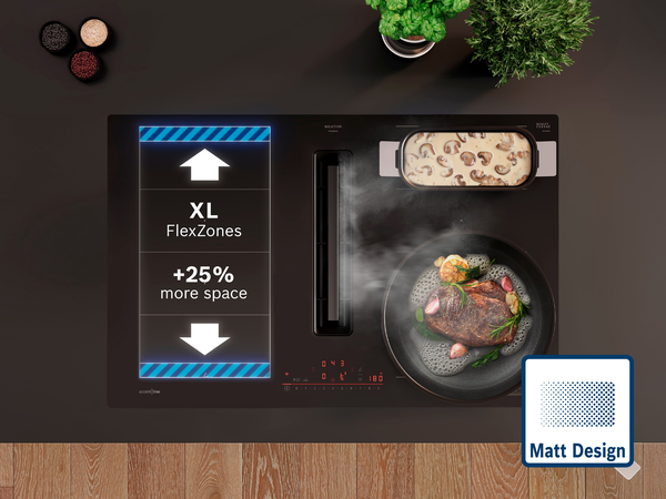 Bosch accent line Induktionskochfeld im Matt Design mit integriertem Dunstabzug und XL FlexZones, bis zu 25 % mehr Platz für Töpfe und Pfannen.