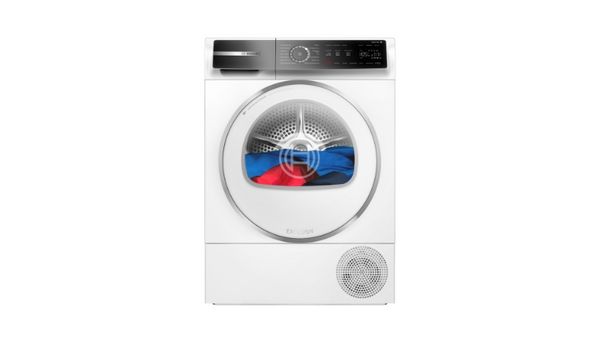 Witte front-loading wasmachine met digitale display en bedieningspaneel.