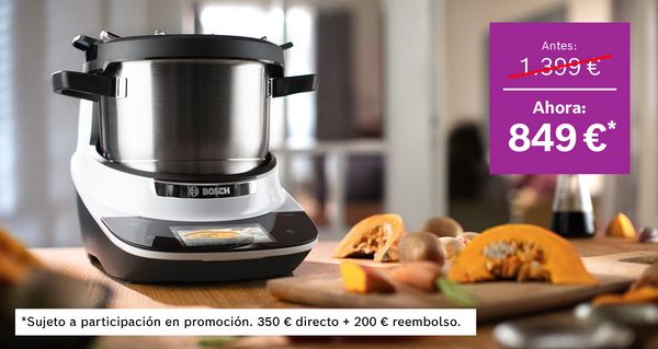 Imagen del robot multifunción Cookit de Bosch con una caja magenta indicando un precio de oferta.  