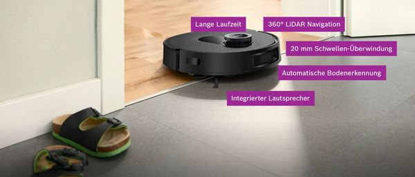 Spotless im Türrahmen zwischen 2 Räumen mit unterschiedlichen Bodenbelägen, mit Anmerkungen zu den verschiedenen Funktionen.