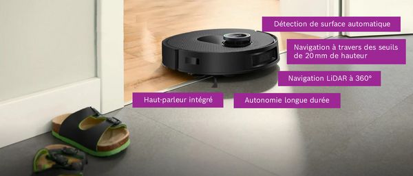 Spotless dans le passage entre 2 pi&egrave;ces avec diff&eacute;rents types de sol, annot&eacute; avec les diverses fonctionnalit&eacute;s.