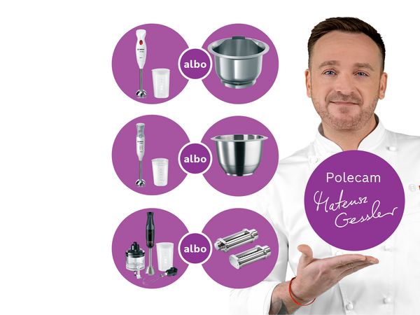 Szef kuchni promuje różne urządzenia kuchenne, w tym mikser, miski i inne naczynia, ułożone w okrągłe ekspozycje. 