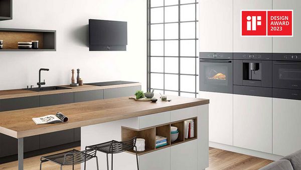 Cuisine moderne ouverte, avec logo rouge IF Design award