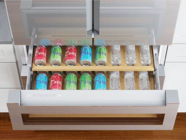 bosch refreshment center refrigerators drawer open full soft drinks and water