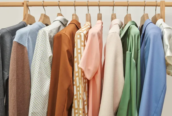 בגדים צבעוניים תלויים על קולב