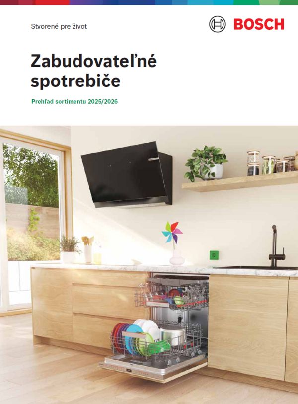 Katalóg zabudovateľných spotrebičov Bosch pre rok 2024/2025 v moderne vybavenej kuchyni.