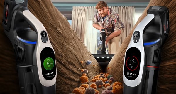 Дървена фуга и мъж отгоре, държащ прахосмукачка и засмукващ микрочастици.