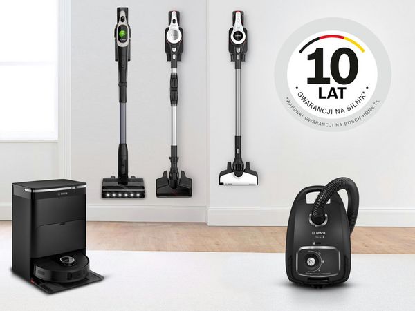Odkurzacze Bosch i ikona z tekstem 10 lat gwarancji na silnik * warunki na stronie Bosch-home.pl