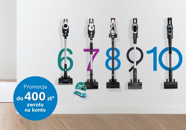 Odkurzacze Bosch i ikona z tekstem PROMOCJA do 300 zll zwrotu na konto