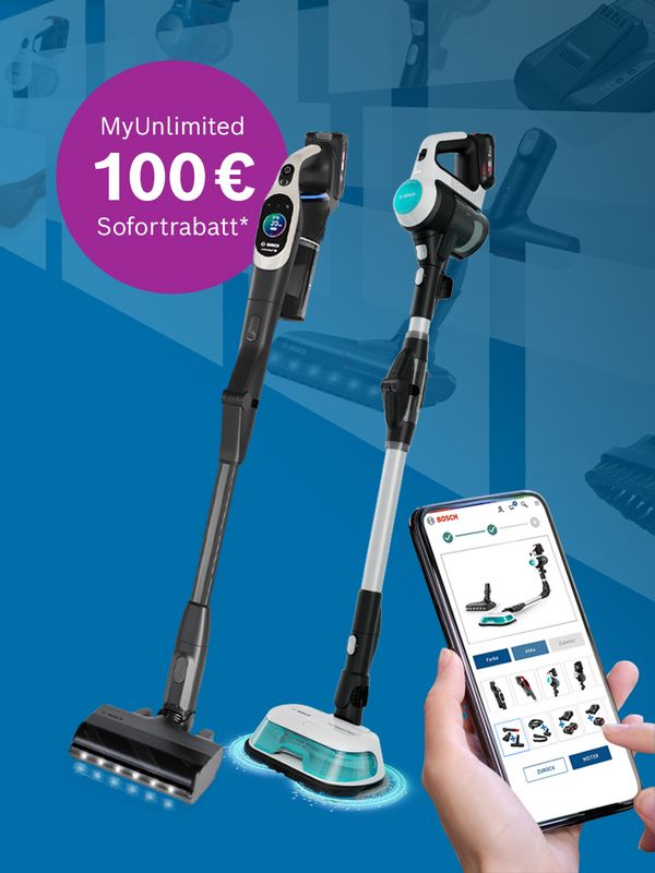Ein Smartphone zeigt Bosch-Staubsaugeraufsätze, während zwei Staubsauger vor einem blauen Hintergrund stehen und ein Rabatt von 100 € beworben wird.