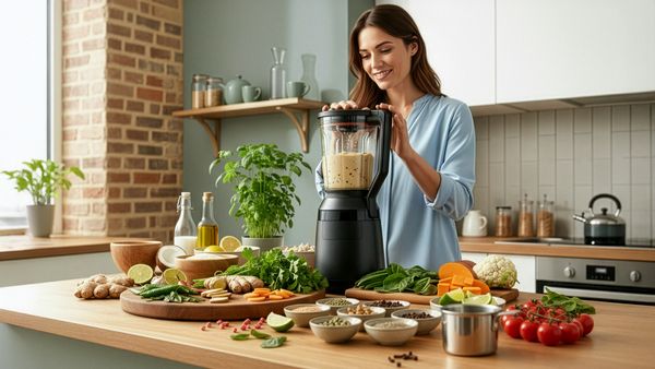 Eine Frau steht an einer Kücheninsel und püriert Lebensmittel in einem Hochleistungsmixer. Vor dem Mixer liegen verschiedene Gemüse, Kräuter, Nüsse und Gewürze.