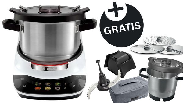 Der Bosch Küchenroboter mit Zubehör ermöglicht müheloses Kochen, Mixen und die praktische Lagerung von Lebensmitteln.