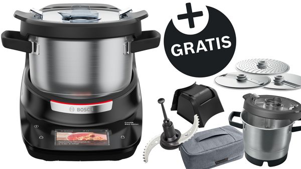 Der Bosch Küchenroboter mit Zubehör ermöglicht müheloses Kochen, Mixen und die praktische Lagerung von Lebensmitteln.