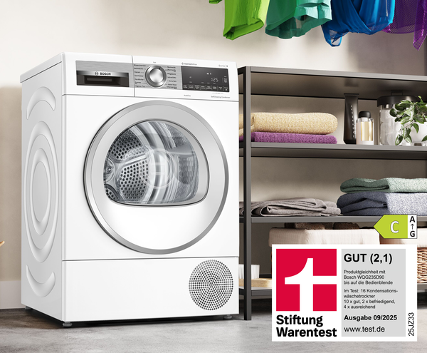 Bosch Wäschetrockner WQG235DH0 mit Energieeffizienzklasse C und Stiftung Warentest Auszeichnung.
