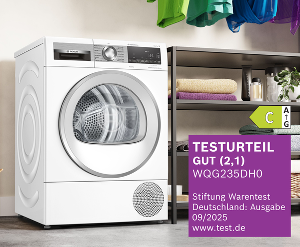 Bosch Wäschetrockner WQG235DH0 mit Energieeffizienzklasse C und Stiftung Warentest Auszeichnung.