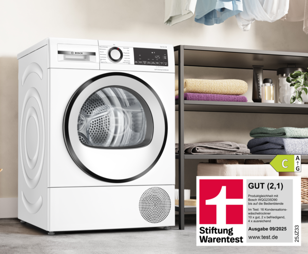 Bosch Wäschetrockner WQG235DEX mit Energieeffizienzklasse C und Stiftung Warentest Auszeichnung.
