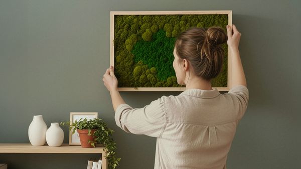 Eine Frau in heller Bluse hält ein Moosbild an eine graue Wand, um es aufzuhängen.