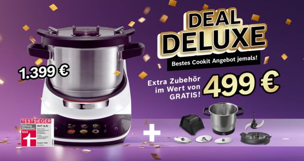 Bosch Cookit Küchenmaschine – Deal Deluxe Angebot: 1.399 € inklusive Gratis-Zubehör im Wert von 499 €. Testsieger Stiftung Warentest (Note 2,0). Goldene Konfetti und violetter Hintergrund.