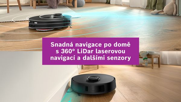 Robotický vysavač Bosch čistí dřevěnou podlahu v moderním obývacím pokoji, zatímco vedle osoba čte na pohovce.
