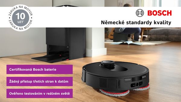 Robotický vysavač Bosch na dřevěné podlaze s certifikovanou baterií a desetiletou zárukou na motor.