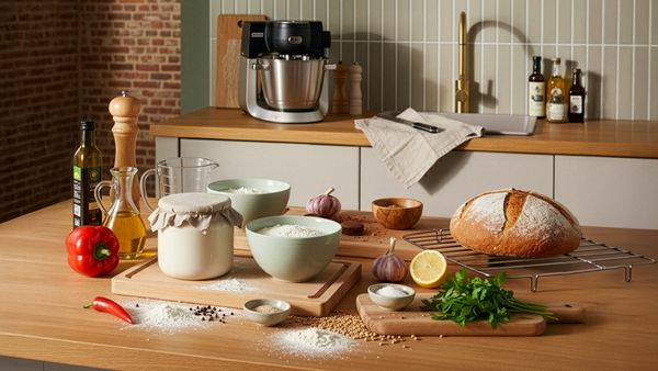 Auf einer Küchentheke stehen verschiedene Lebensmittel, darunter ein Brot auf einem Backrost, Koblauchzehen, ein Bund Kräuter, Zutaten für Salatdressing und Schüsseln mit Reis.