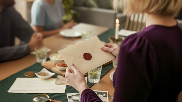 Eine Frau in violetter Kleidung hält einen versiegelten Brief; vor ihr liegen auf dem Tisch Dokumente und eine Lupe.