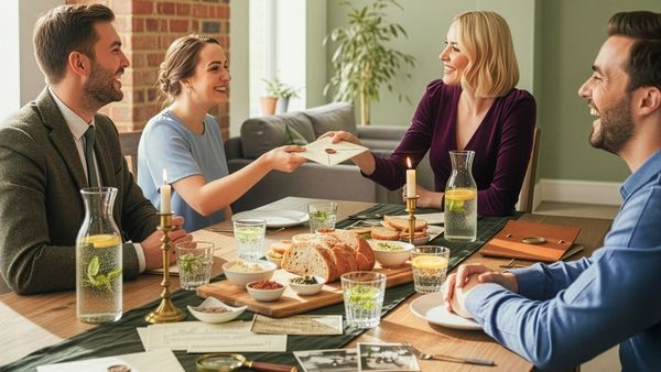 Vier Personen sitzen beim Krimidinner an einem gedeckten Tisch, während eine Frau ihrer Sitznachbarin einen versiegelten Brief reicht.