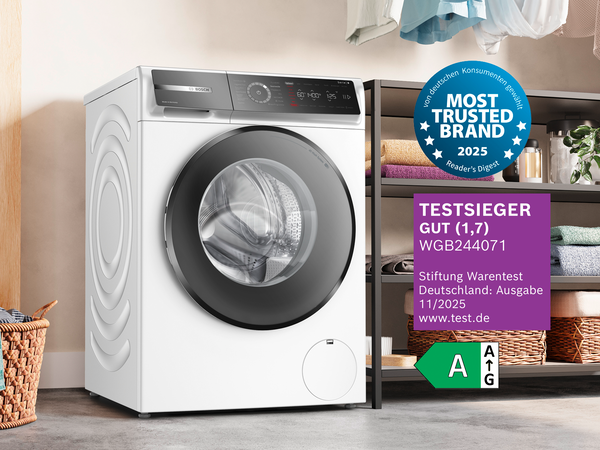 Die Bosch Waschmaschine WGB244071 erhält die Gesamtnote GUT (1,7).