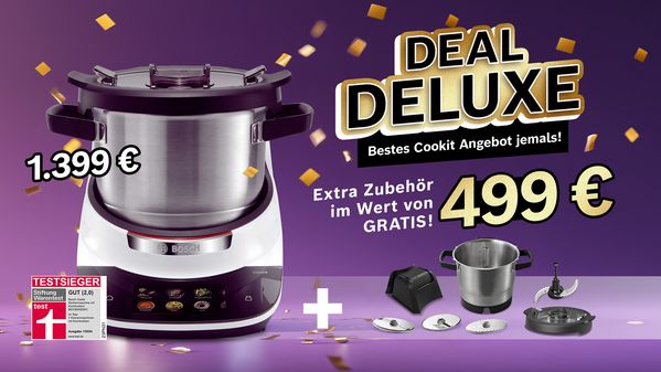 Bosch Cookit Küchenmaschine vor lila Hintergrund mit Hinweis auf ein Zubehör Deal im Bosch Online Shop