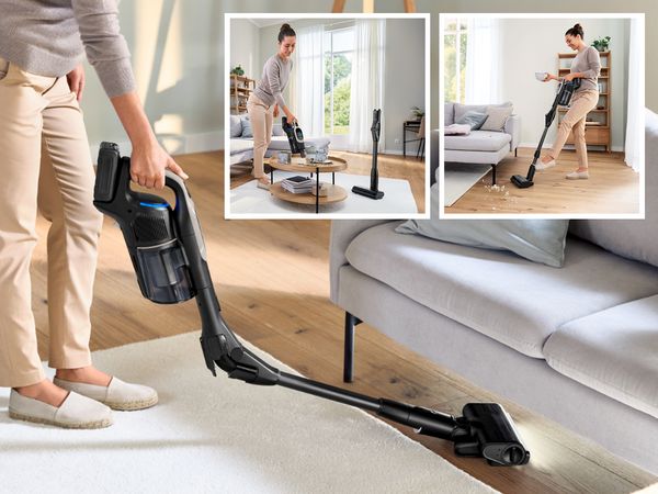 Une personne utilise un aspirateur sans fil l&eacute;ger sur un tapis et un plancher en bois dans un salon lumineux, illustrant diff&eacute;rentes sc&egrave;nes de nettoyage.
