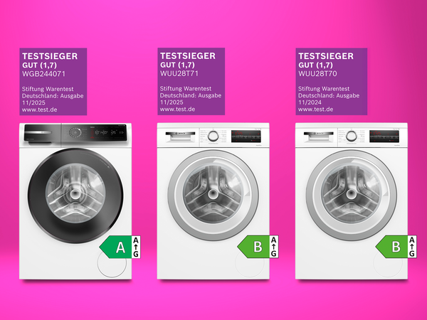 Drei Bosch Waschmaschinen vor einem pinken Hintergrund mit Testsieger Logos.