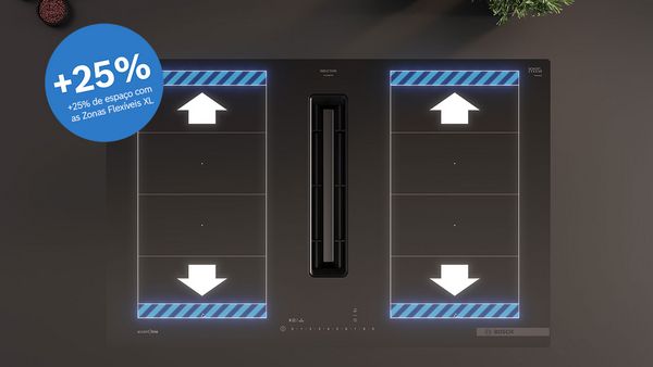 Vídeo de placa de fogão com ventilação Bosch Série 6 com XL Flex Zones.