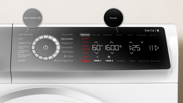 Bedienfeld der Bosch Waschmaschine WGB266A90 mit markierten Funktionen Iron Assist und Dampf – Anzeige der Programme auf dem Touchdisplay.