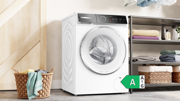 Bosch Serie 8 Waschmaschine WGB266A90 mit Energielabel A – modernes Design, große Trommel und Dampfprogramme für faltenfreie Wäsche.