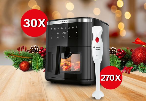 Imagine cu premiile campaniei "Dăruiești și câștigi LikeABosch!",  friteuza si blender de mână Bosch. 