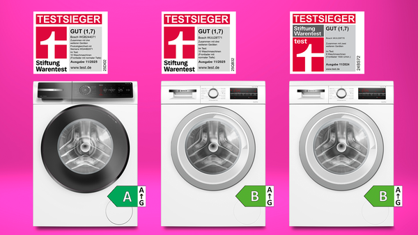 Drei Bosch Waschmaschine vor einem pinken Hintergrund.