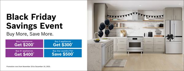 A modern kitchen with Black Friday promotion details: buy appliances to save money. Decoration includes black balloons and a banner.