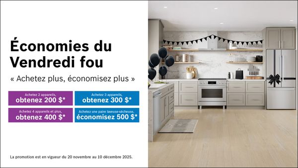 Une cuisine moderne mettant en avant une promotion pour les économies du Black Friday avec des ballons décoratifs et des bannières, soulignant les réductions sur les appareils électroménagers.