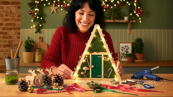 Eine Frau im roten Rollkragenpulli sitzt am Esstisch vor einem selbstgebastelten Wichtelhaus, umgeben von Bastelzubehör.